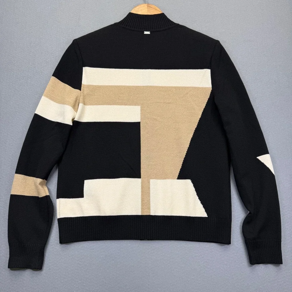St John Wool Rayon Full Zip Mock‎ Neck Geometric Sweater Black Tan Medium READ